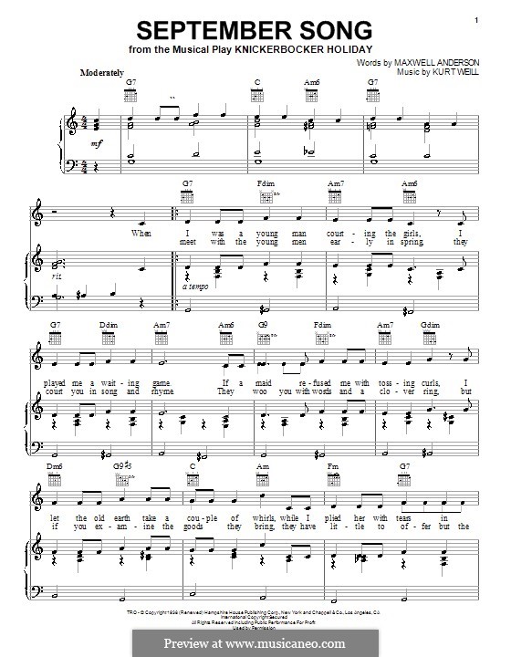 September Song (from Knickerbocker Holiday): Для голоса и фортепиано (или гитары) by Kurt Weill