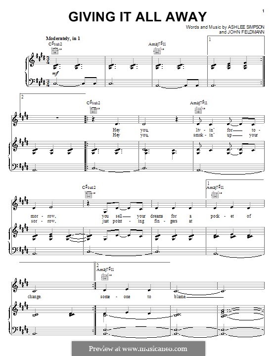 Giving It All Away (Ashlee Simpson): Для голоса и фортепиано (или гитары) by John Feldmann