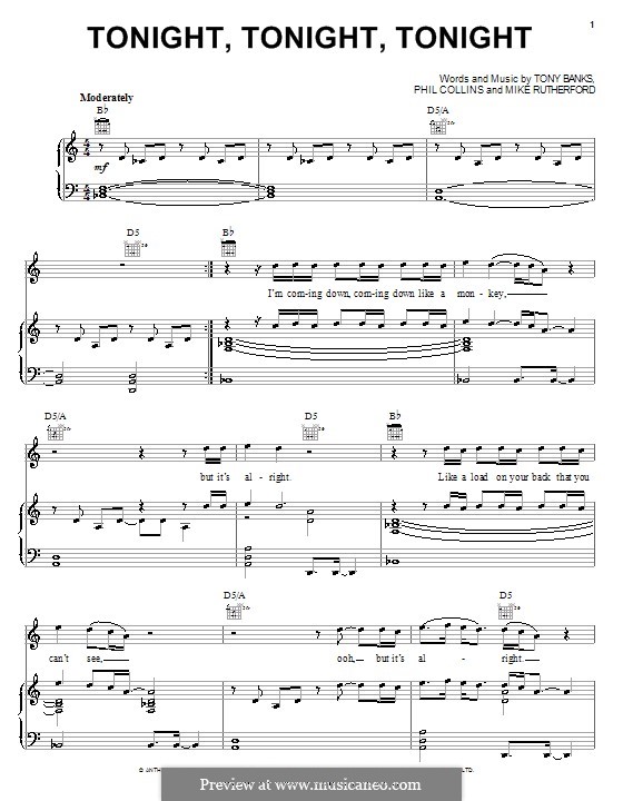 Tonight, Tonight, Tonight (Genesis): Для голоса и фортепиано (или гитары) by Tony Banks, Mike Rutherford, Phil Collins