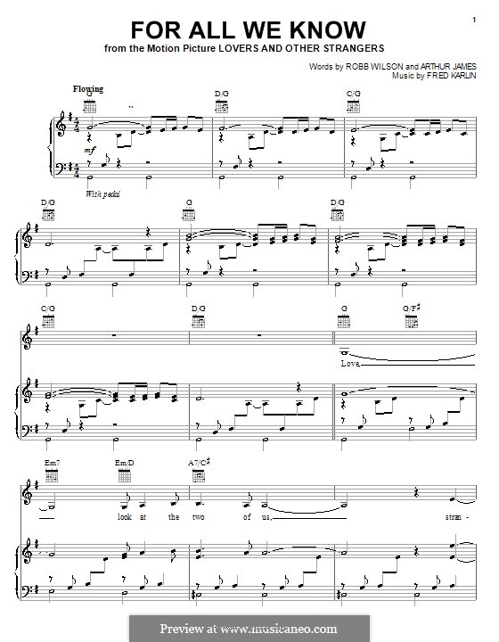 For All We Know (Carpenters): Для голоса и фортепиано (или гитары) by Fred Karlin, Jimmy Griffin, Robert Wilson