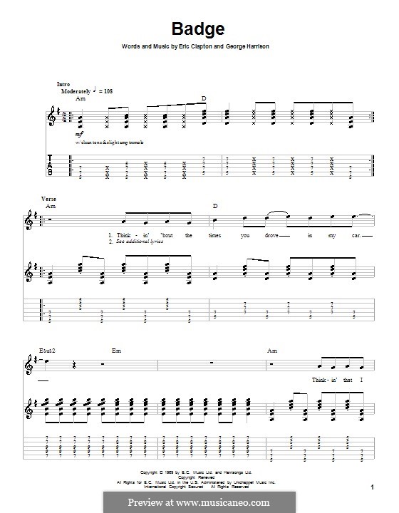Badge (Cream): Гитарная табулатура by Eric Clapton, George Harrison