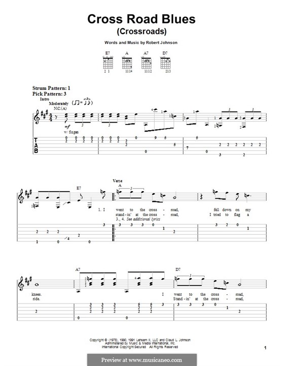 Cross Road Blues (Crossroads): For easy guitar with tablature by Robert Leroy Johnson