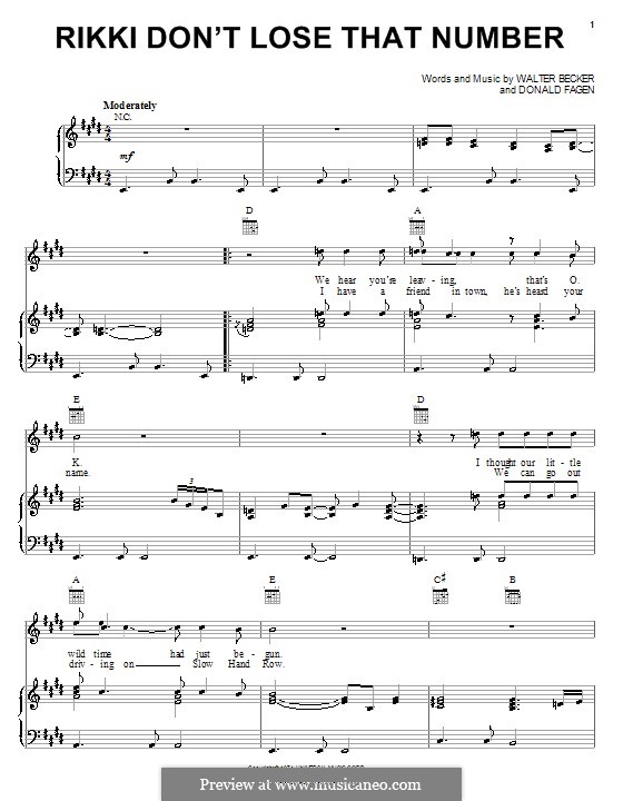 Rikki Don't Lose That Number (Steely Dan): Для голоса и фортепиано (или гитары) by Donald Fagen, Walter Becker
