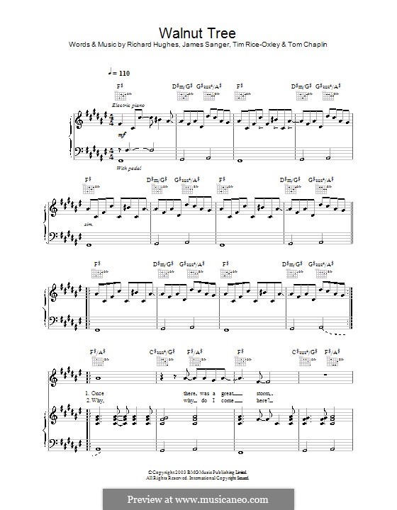 Walnut Tree (Keane): Для голоса и фортепиано (или гитары) by James Sanger, Richard Hughes, Tim Rice-Oxley, Tom Chaplin