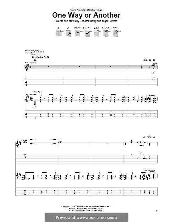 One Way or Another (Blondie): Гитарная табулатура by Deborah Harry, Nigel Harrison