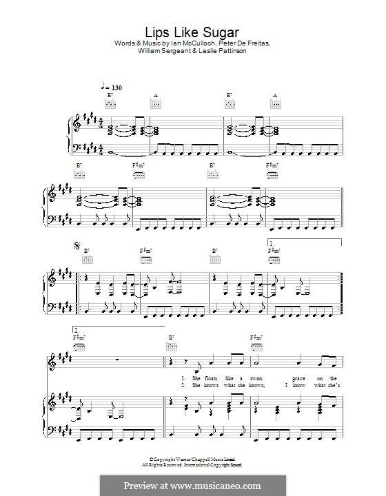 Lips Like Sugar (Seal): Для голоса и фортепиано (или гитары) by Ian McCulloch, Peter De Freitas, William Sergeant