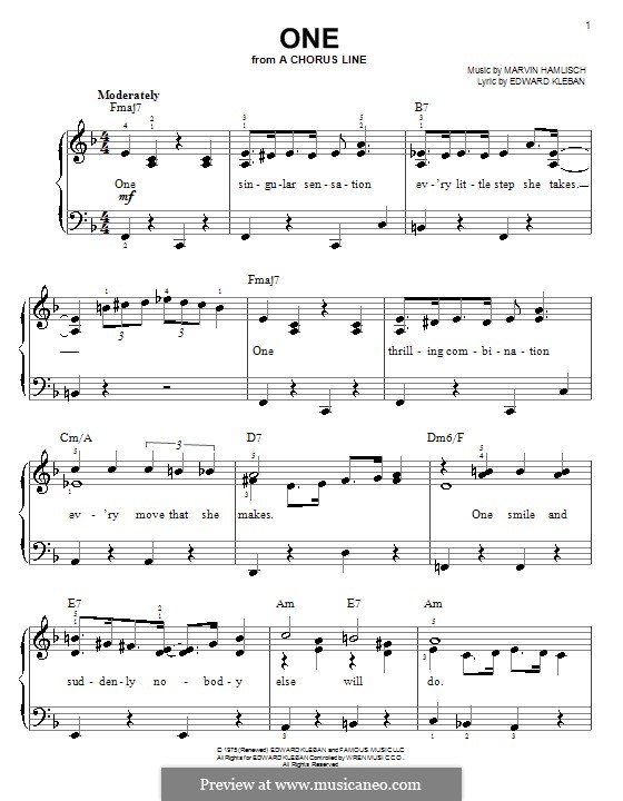 One (from A Chorus Line): Для фортепиано (легкий уровень) (Anita Kerr) by Marvin Hamlisch