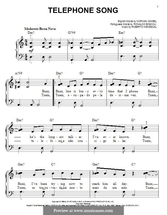 Telephone Song: Для фортепиано (легкий уровень) by Roberto Menescal, Ronaldo Boscoli