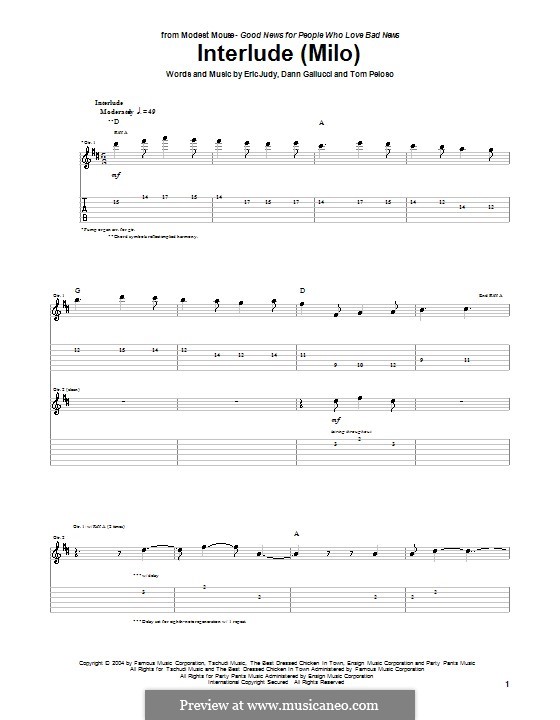 Interlude (Milo): For guitar with tab (Modest Mouse) by Dann Gallucci, Eric Judy, Tom Peloso