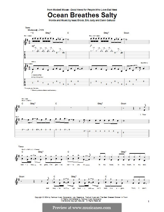 Ocean Breathes Salty (Modest Mouse): Гитарная табулатура by Dann Gallucci, Eric Judy, Isaac Brock
