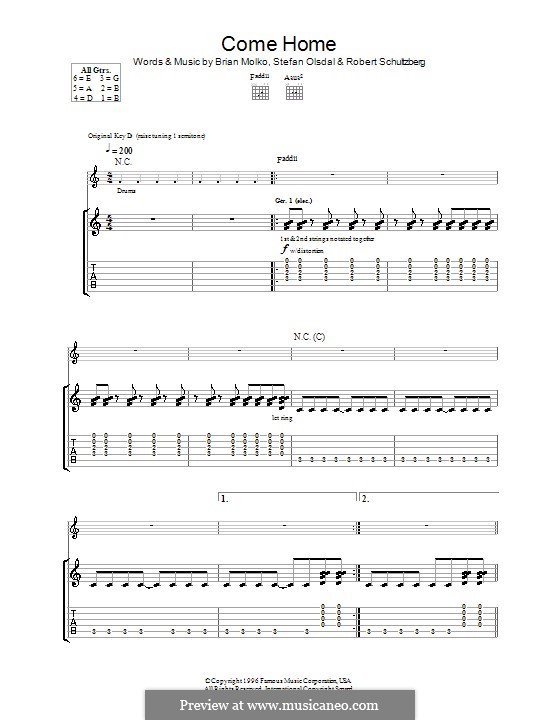 Come Home (Placebo): Для гитары с табулатурой by Brian Molko, Robert Schultzberg, Stefan Olsdal