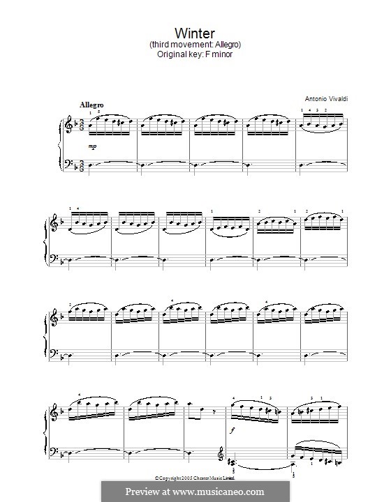 Концерт для скрипки с оркестром No.4 фа минор 'Зима', RV 297: Часть III. Переложение для фортепиано by Антонио Вивальди