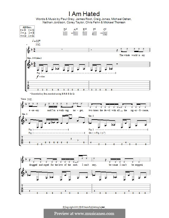 I am Hated (Slipknot): Гитарная табулатура by Chris Fehn, Corey Taylor, Craig Jones, James Root, M. Shawn Crahan, Mickael Thomson, Nathan Jordison, Paul Gray