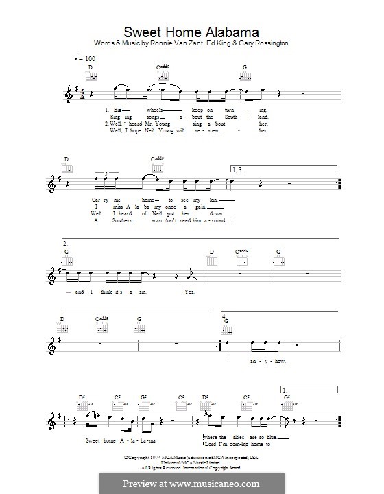 Sweet Home Alabama (Lynyrd Skynyrd): Мелодия, текст и аккорды by Ed King, Gary Rossington, Ronnie Van Zant