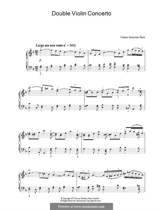 Двойной концерт для двух скрипок, струнных и бассо континуо ре минор, BWV 1043: Часть II. Версия для фортепиано by Иоганн Себастьян Бах