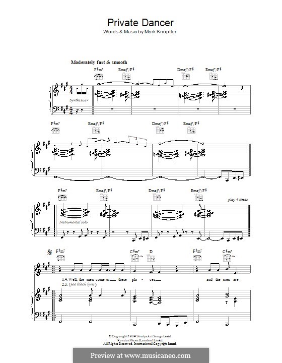 Private Dancer (Tina Turner): Для голоса и фортепиано (или гитары) by Mark Knopfler