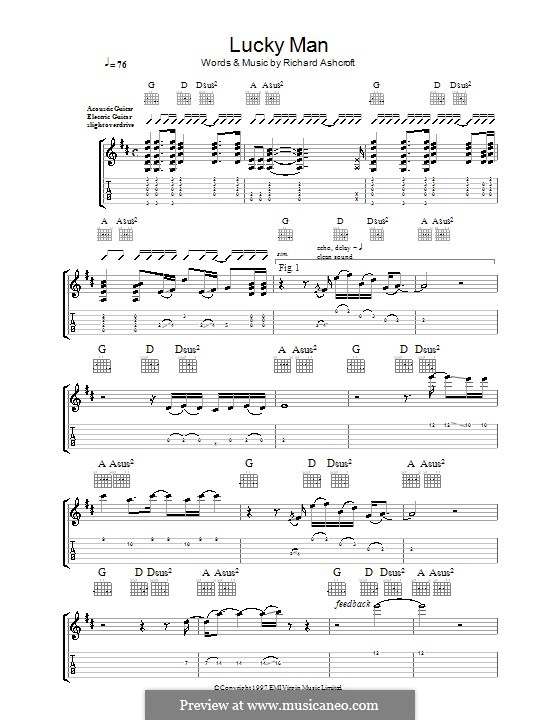 Lucky Man (The Verve): Гитарная табулатура by Richard Ashcroft