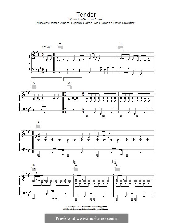 Tender (Blur): Для голоса и фортепиано (или гитары) by Alex James, Damon Albarn, David Rowntree, Graham Coxon
