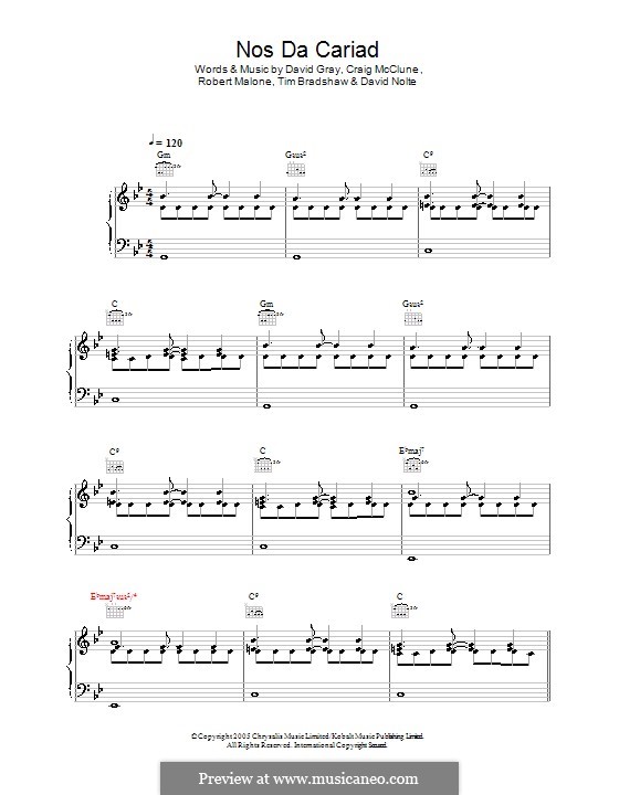 Nos da Cariad (David Gray): Для голоса и фортепиано (или гитары) by Craig McClune, David Nolte, Robbie Malone, Tim Bradshaw