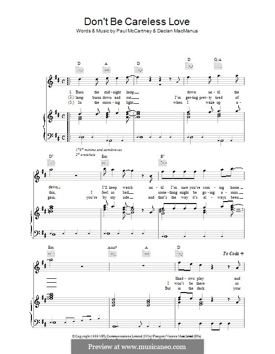 Don't Be Careless Love: Для голоса и фортепиано (или гитары) by Declan Macmanus, Paul McCartney