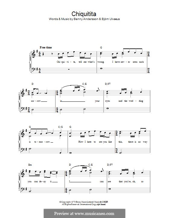 Chiquitita (ABBA): Для фортепиано (легкий уровень) by Benny Andersson, Björn Ulvaeus