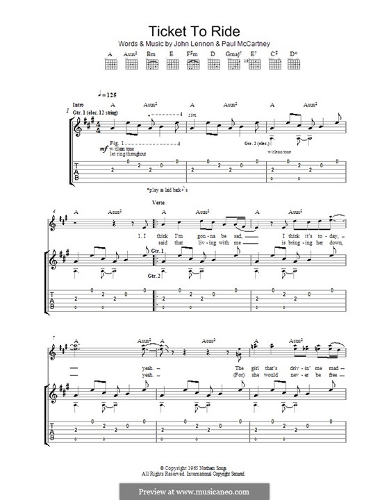 Ticket to Ride (The Beatles): Гитарная табулатура by John Lennon, Paul McCartney