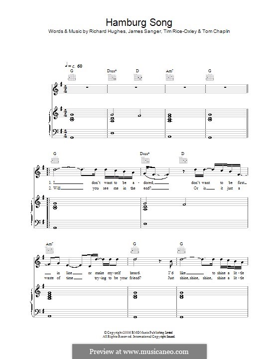 Hamburg Song (Keane): Для голоса и фортепиано (или гитары) by James Sanger, Richard Hughes, Tim Rice-Oxley, Tom Chaplin