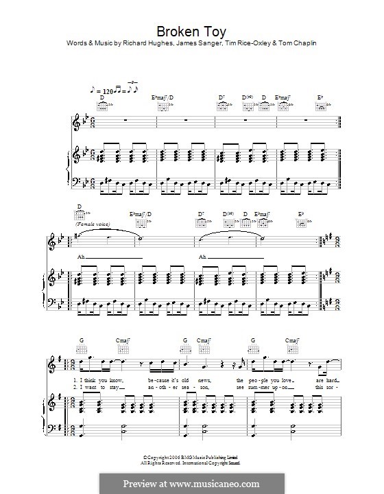 Broken Toy (Keane): Для голоса и фортепиано (или гитары) by James Sanger, Richard Hughes, Tim Rice-Oxley, Tom Chaplin