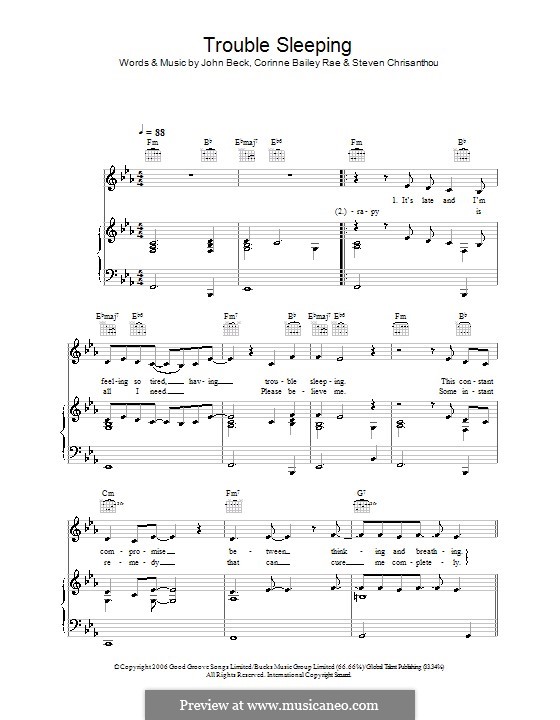 Trouble Sleeping (Corinne Bailey Rae): Для голоса и фортепиано (или гитары) by John Beck, Steven Chrisanthou