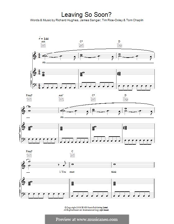 Leaving So Soon? (Keane): Для голоса и фортепиано (или гитары) by James Sanger, Richard Hughes, Tim Rice-Oxley, Tom Chaplin