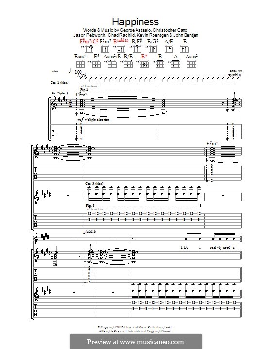 Happiness (Orson): Гитарная табулатура by Chad Rachild, Christopher Cano, George Astasio, Jason Pebworth, John Bentjen, Kevin Roentgen