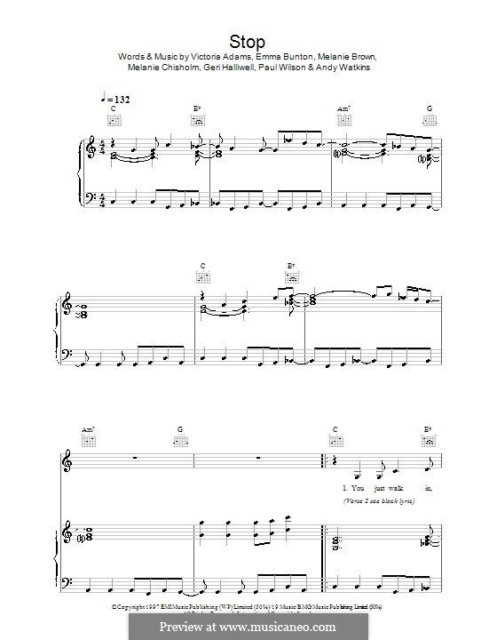 Stop (The Spice Girls): Для голоса и фортепиано (или гитары) by Andy Watkins, Emma Bunton, Geri Halliwell, Melanie Brown, Melanie C, Paul Wilson, Victoria Adams