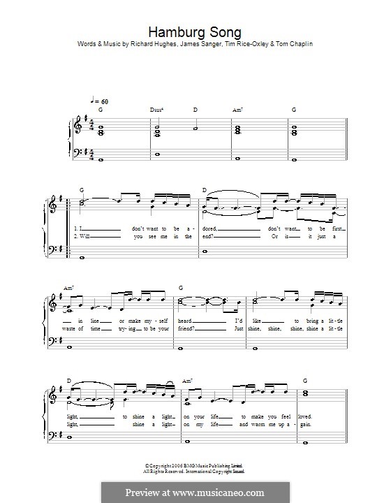Hamburg Song (Keane): Для фортепиано (легкий уровень) by James Sanger, Richard Hughes, Tim Rice-Oxley, Tom Chaplin