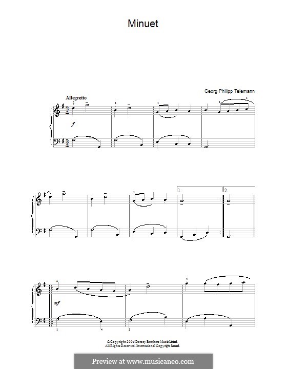 Менуэт соль мажор для флейты и фортепиано: Аранжировка для фортепиано by Георг Филипп Телеманн