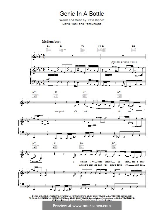 Genie in a Bottle (Christina Aguilera): Для голоса и фортепиано (или гитары) by David Frank, Pamela Sheyne, Stephen Alan Kipner