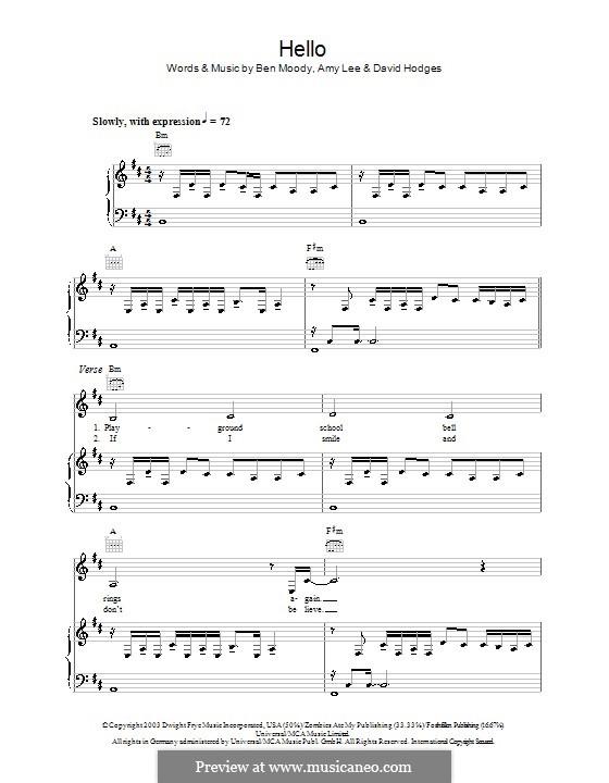 Hello (Evanescence): Для голоса и фортепиано (или гитары) by Amy Lee, Ben Moody, David Hodges