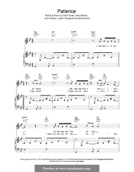 Patience (Take That): Для голоса и фортепиано (или гитары) by Gary Barlow, Howard Donald, Jason Orange, John M Shanks, Mark Owen