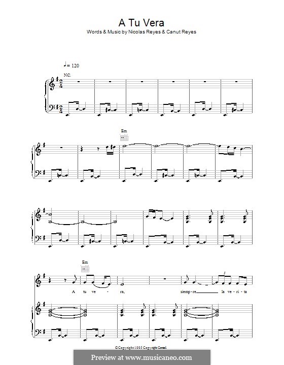 A Tu Vera (Gipsy Kings): Для голоса и фортепиано (или гитары) by Canut Reyes, Nicolas Reyes