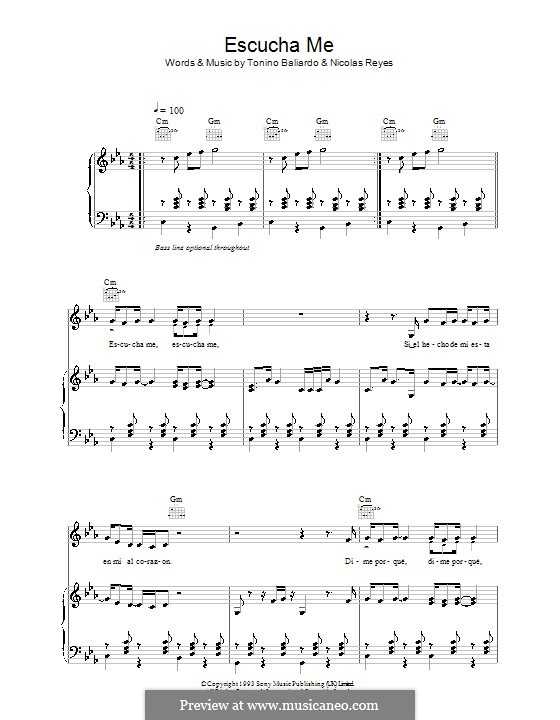 Escucha Me (Gipsy Kings): Для голоса и фортепиано (или гитары) by Nicolas Reyes, Tonino Baliardo