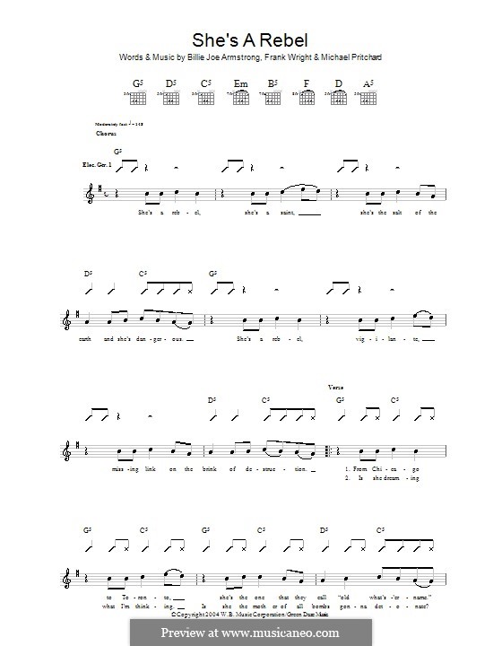 She's a Rebel (Green Day): Гитарная табулатура by Billie Joe Armstrong, Tré Cool, Michael Pritchard