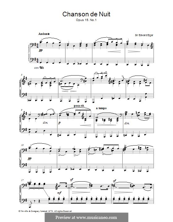 Две пьесы, Op.15: No.1 Chanson de nuit, for piano by Эдуард Элгар