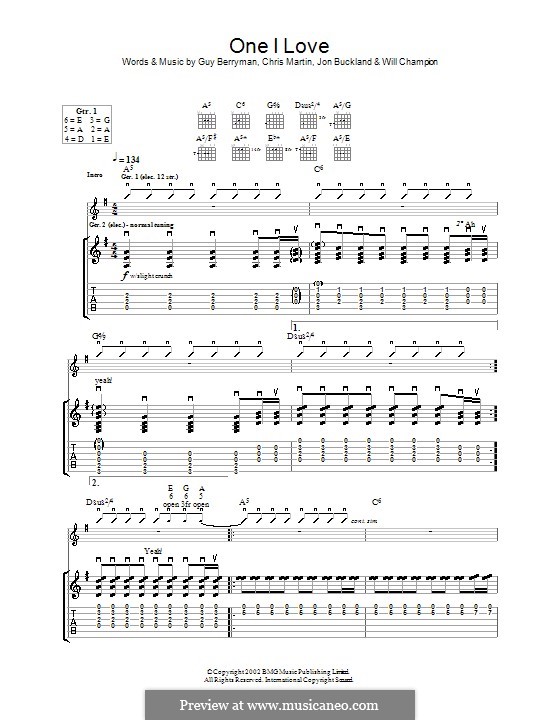 One I Love (Coldplay): Гитарная табулатура by Chris Martin, Guy Berryman, Jonny Buckland, Will Champion