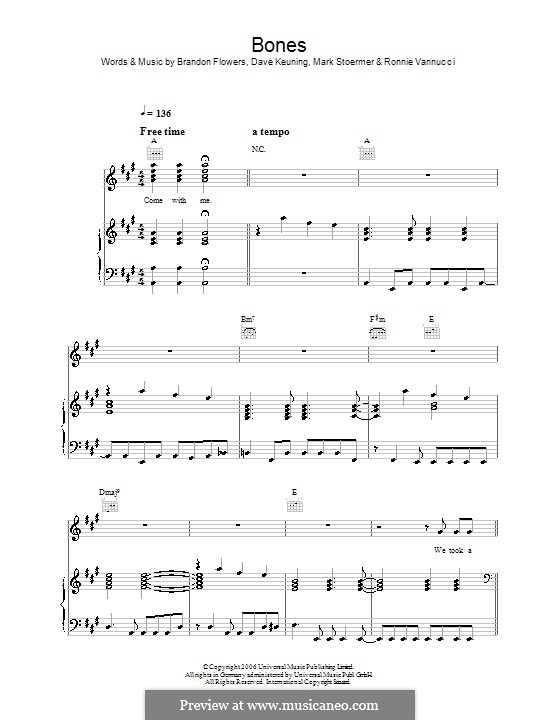 Bones (The Killers): Для голоса и фортепиано или гитары by Brandon Flowers, Dave Keuning, Mark Stoermer, Ronnie Vannucci