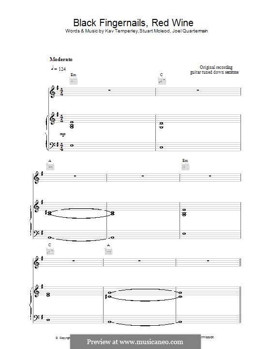 Black Fingernails, Red Wine (Eskimo Joe): Для голоса и фортепиано (или гитары) by Joel Quartermain, Kavyen Temperley, Stuart MacLeod