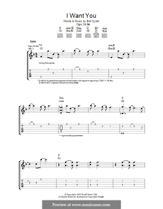 I Want You: Гитарная табулатура by Bob Dylan