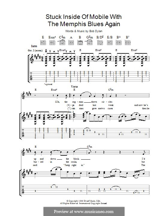 Stuck Inside of Mobile with the Memphis Blues Again: Гитарная табулатура by Bob Dylan