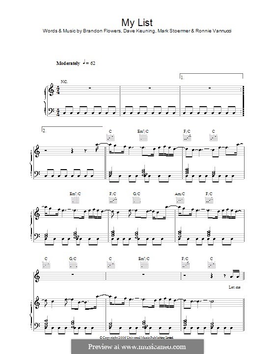 My List (The Killers): Для голоса и фортепиано или гитары by Brandon Flowers, Dave Keuning, Mark Stoermer, Ronnie Vannucci