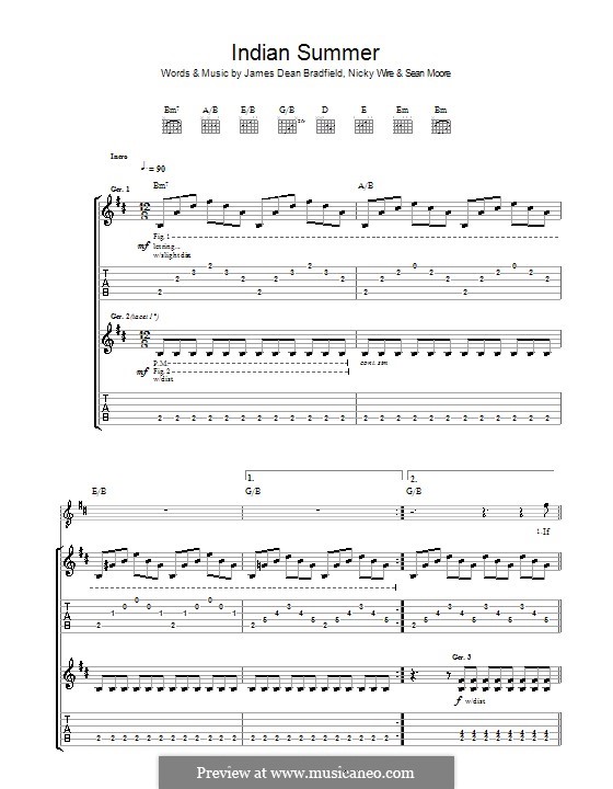 Indian Summer (The Manic Street Preachers): Гитарная табулатура by James Dean Bradfield, Nicky Wire, Sean Moore