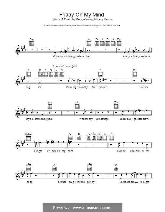 Friday on My Mind (The Easybeats): Мелодия, текст и аккорды by George Young, Harry Vanda
