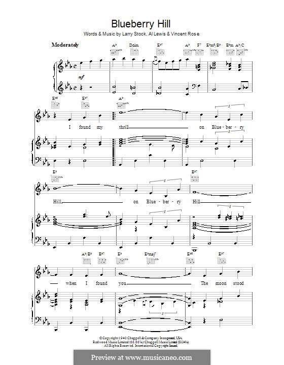 Blueberry Hill (Fats Domino): Для голоса и фортепиано (или гитары) by Al Lewis, Larry Stock, Vincent Rose